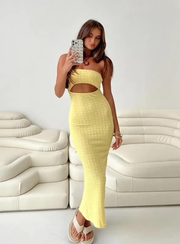 Talena Strapless Midi Dress Yellow sold by Princess Polly