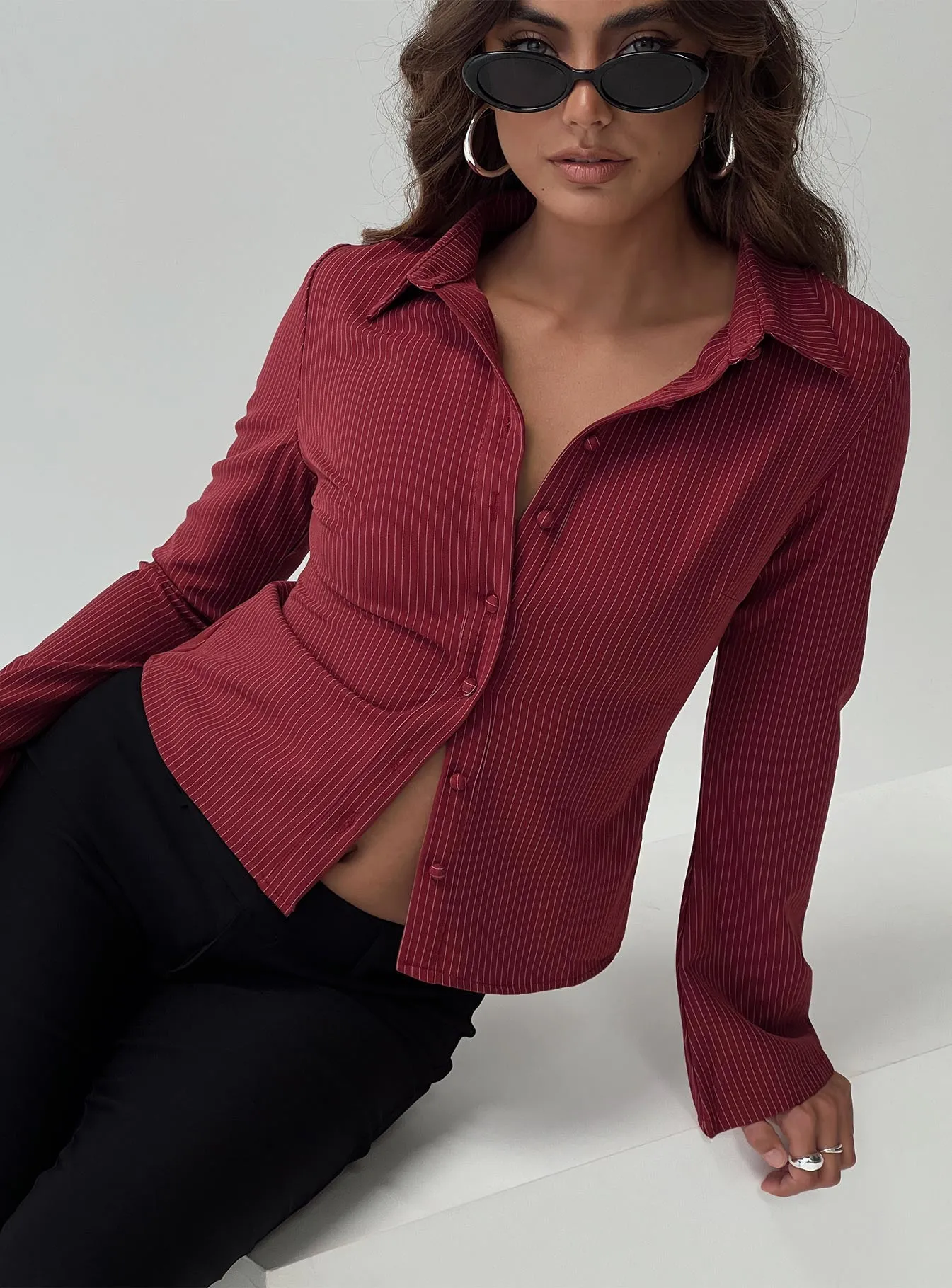 Anni Pinstripe Shirt Red sold by Princess Polly