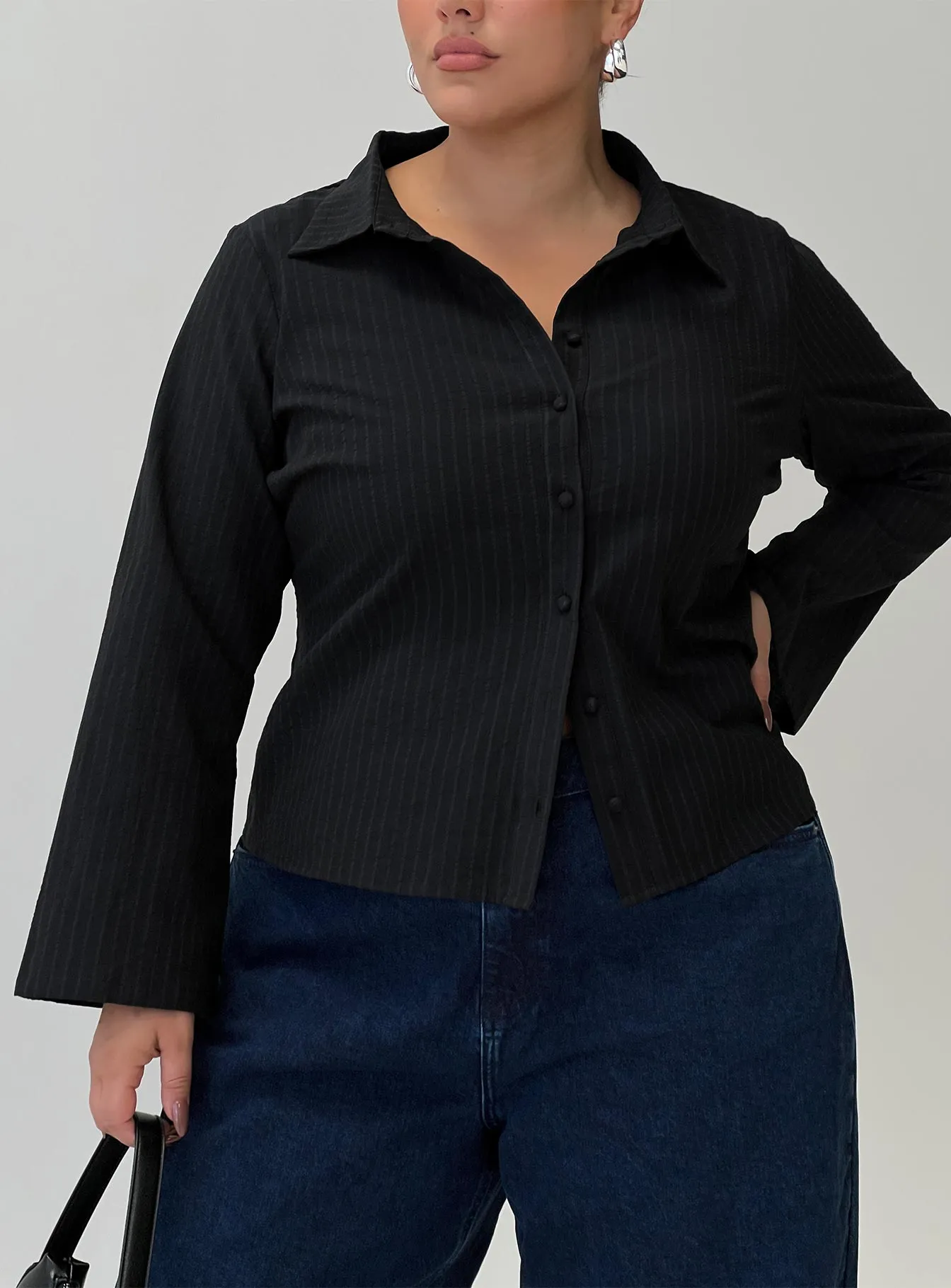 Anni Pinstripe Shirt Black Curve sold by Princess Polly