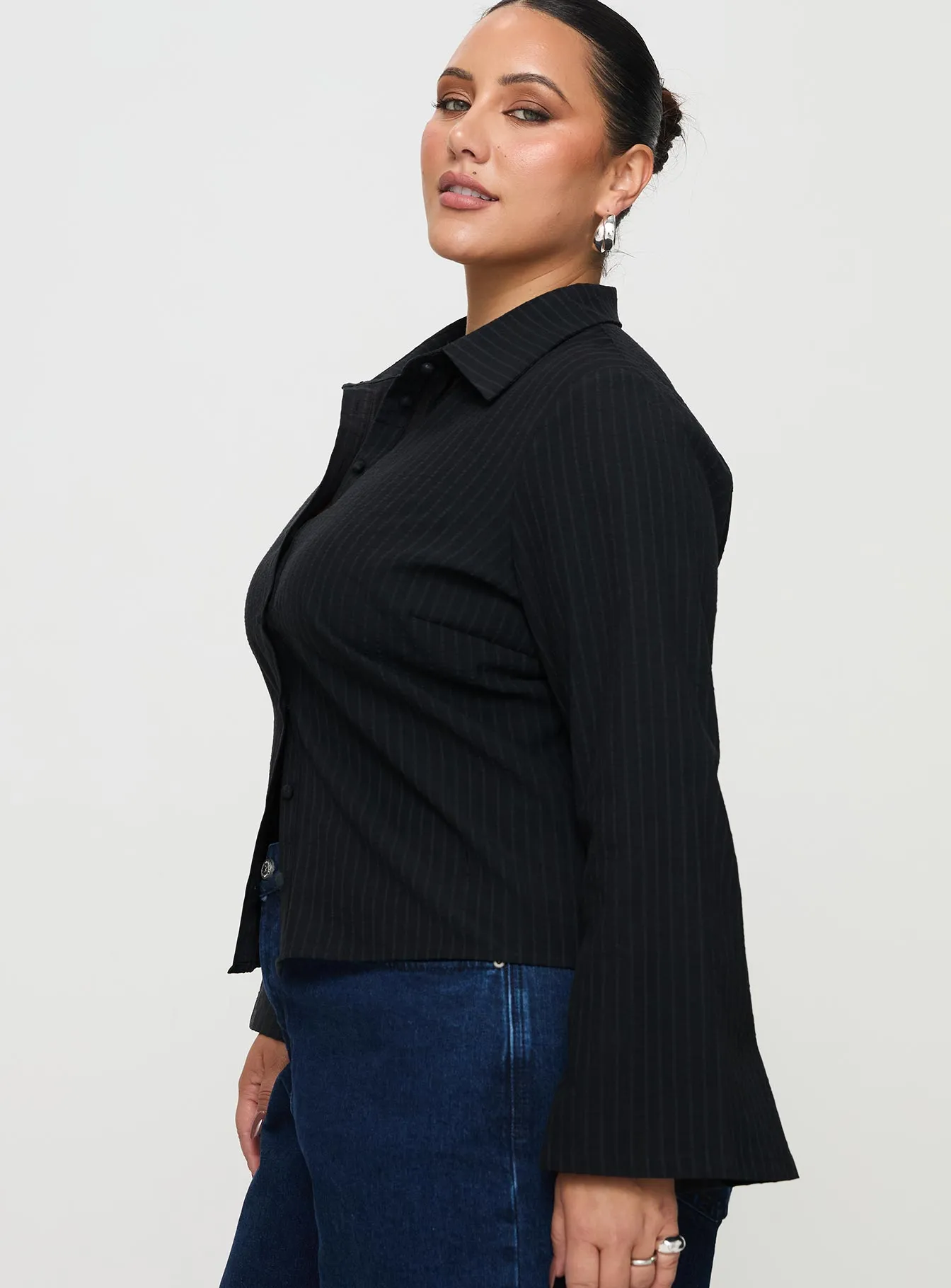 Anni Pinstripe Shirt Black Curve sold by Princess Polly product image thumbnail 4