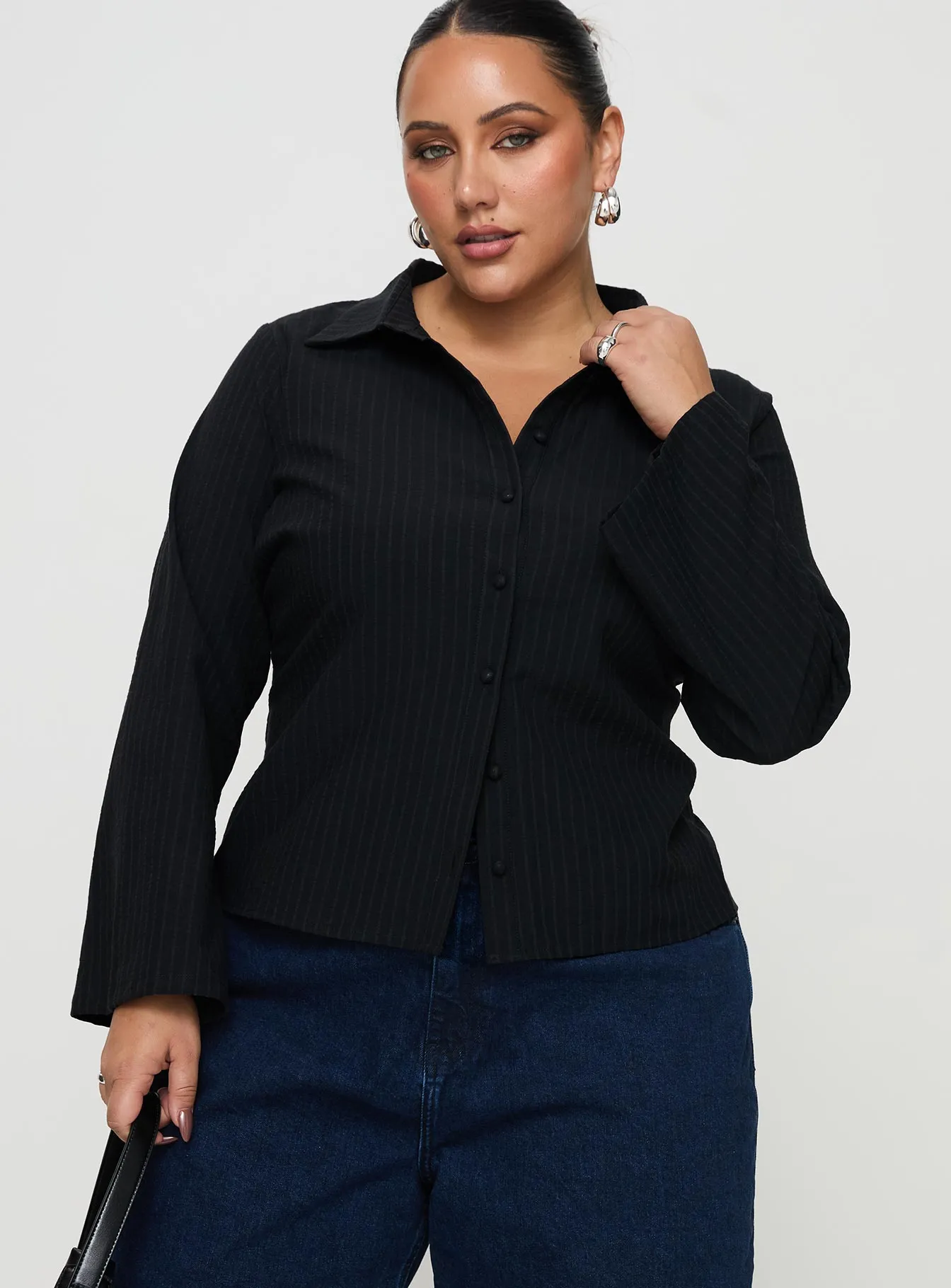 Anni Pinstripe Shirt Black Curve sold by Princess Polly product image thumbnail 2
