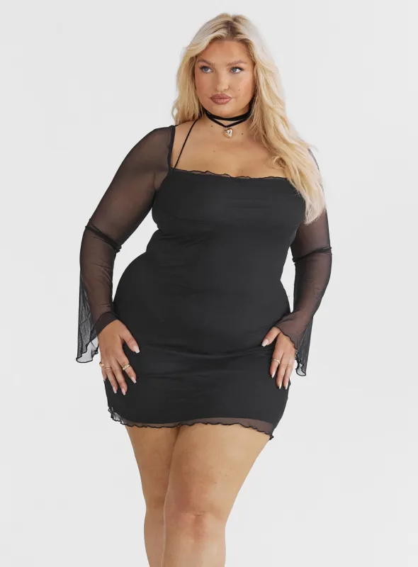Bilbao Long Sleeve Mini Dress Black Curve sold by Princess Polly
