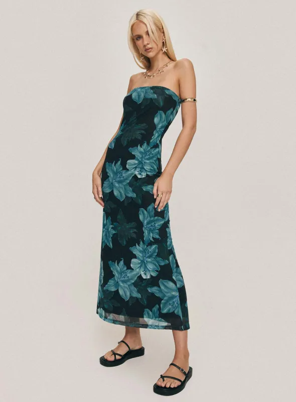 Celik Maxi Dress Black / Blue Floral sold by Princess Polly