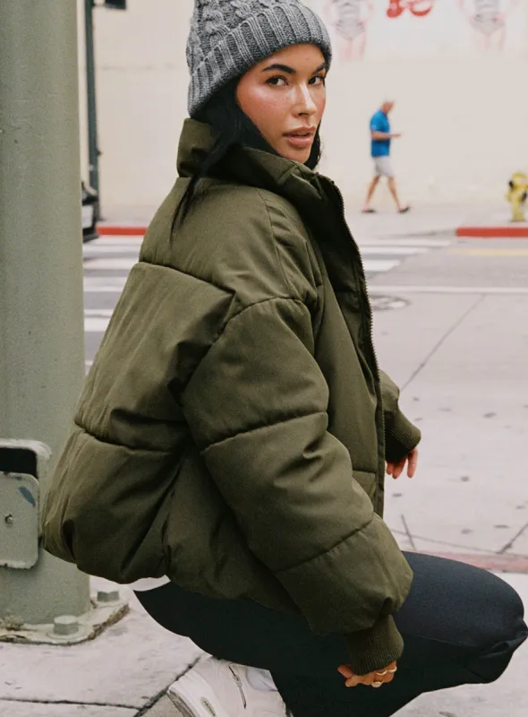 Abe Puffer Jacket Khaki sold by Princess Polly