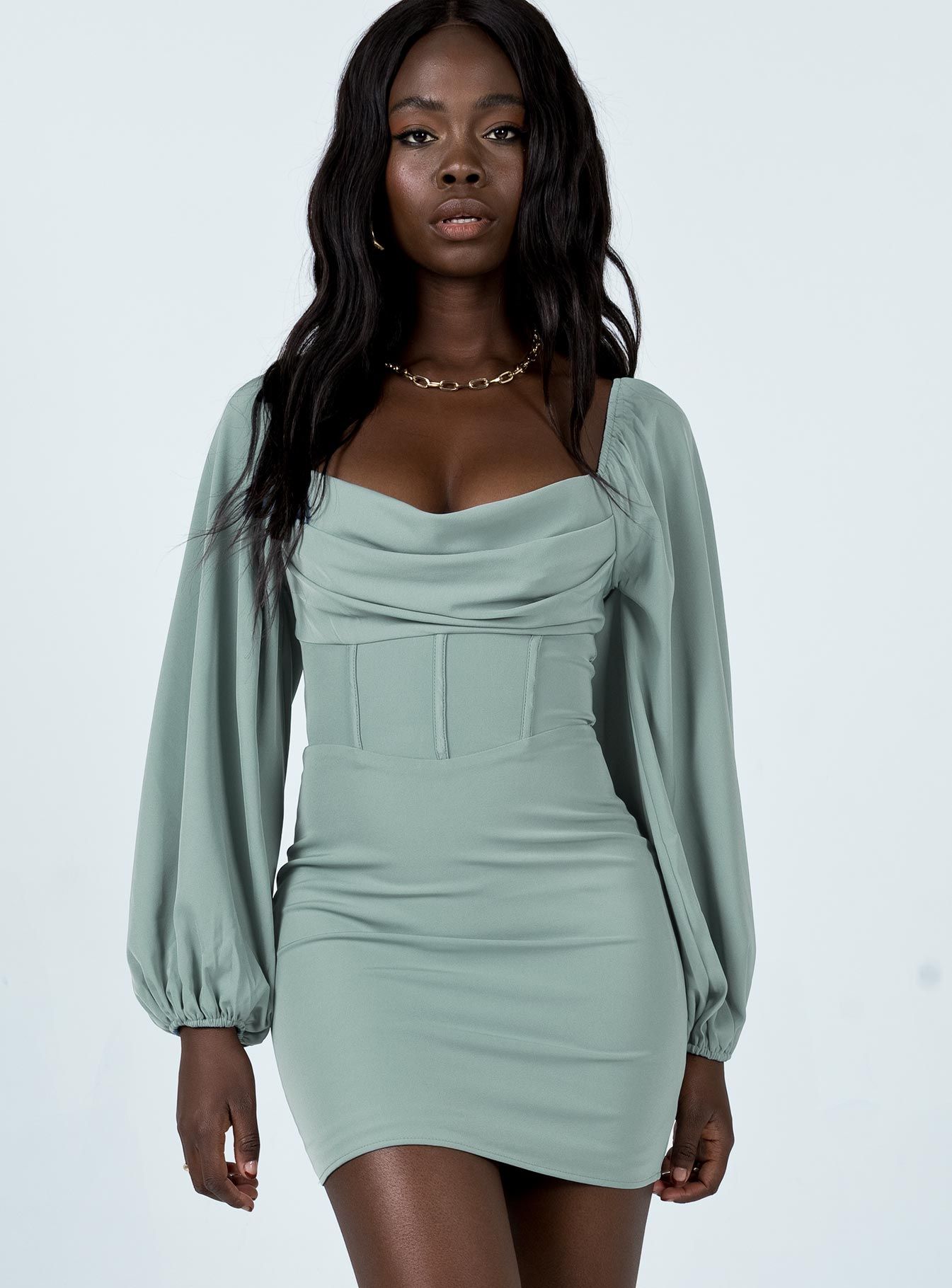 Lillie Long Sleeve Mini Dress Sage sold by Princess Polly product image thumbnail 2