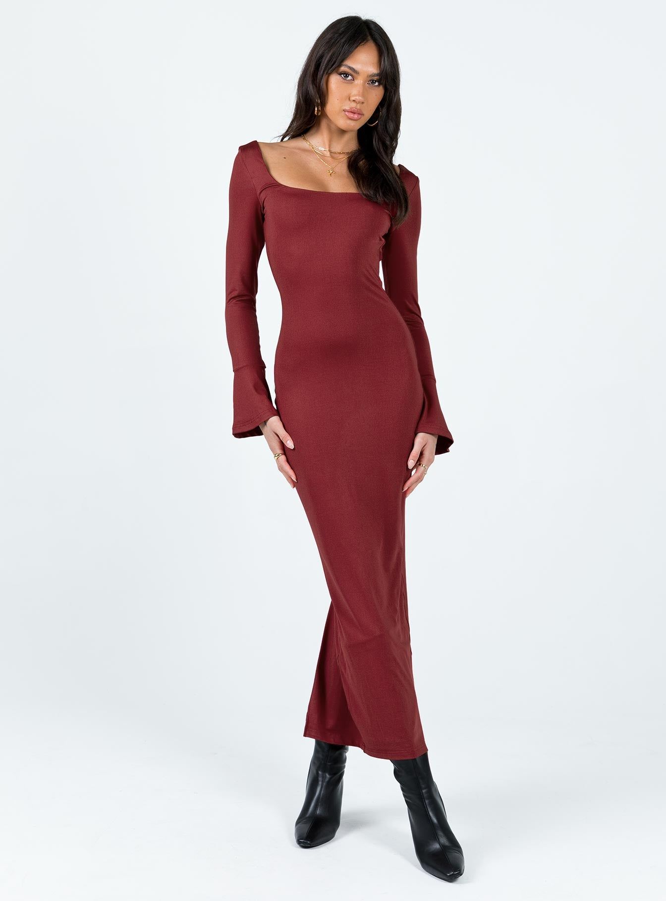 Belfa Long Sleeve Maxi Dress Burgundy sold by Princess Polly product image thumbnail 3