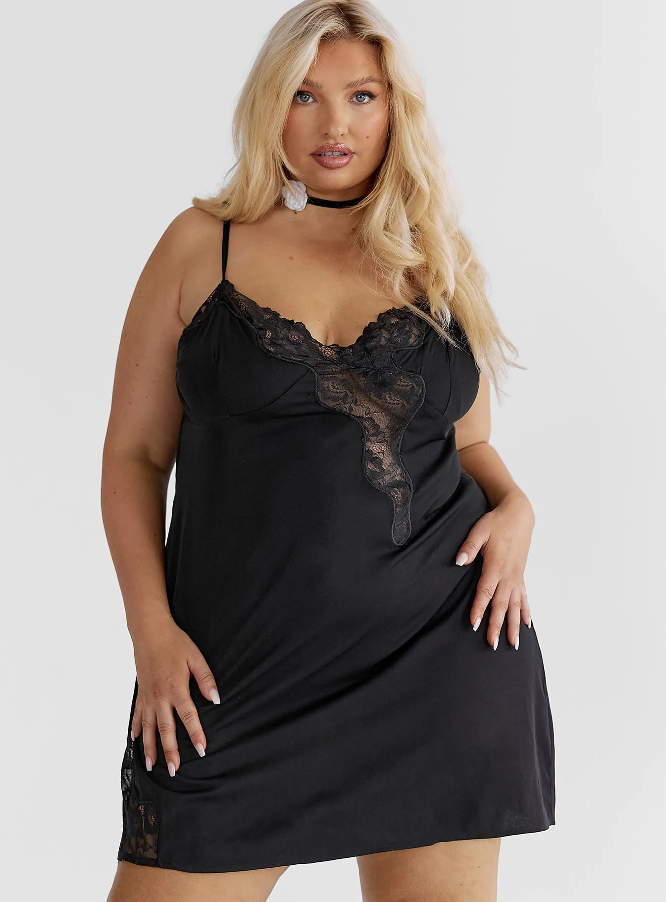 Agnola Lace Trim Mini Dress Black Curve sold by Princess Polly