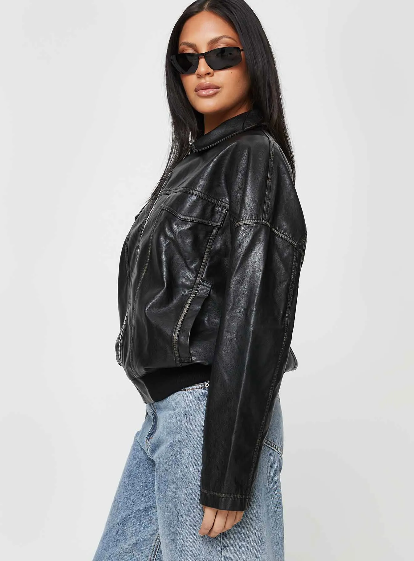 Tanza Faux Leather Jacket Washed Black sold by Princess Polly product image thumbnail 5