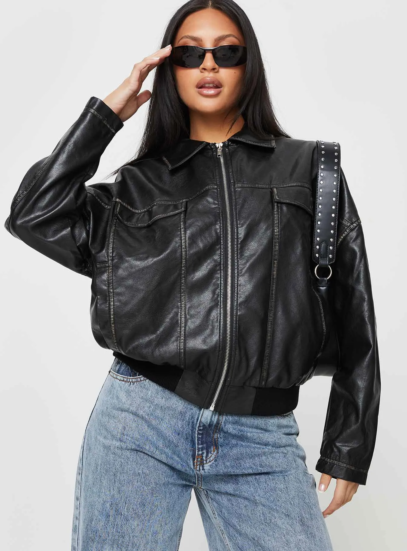 Tanza Faux Leather Jacket Washed Black sold by Princess Polly product image thumbnail 3