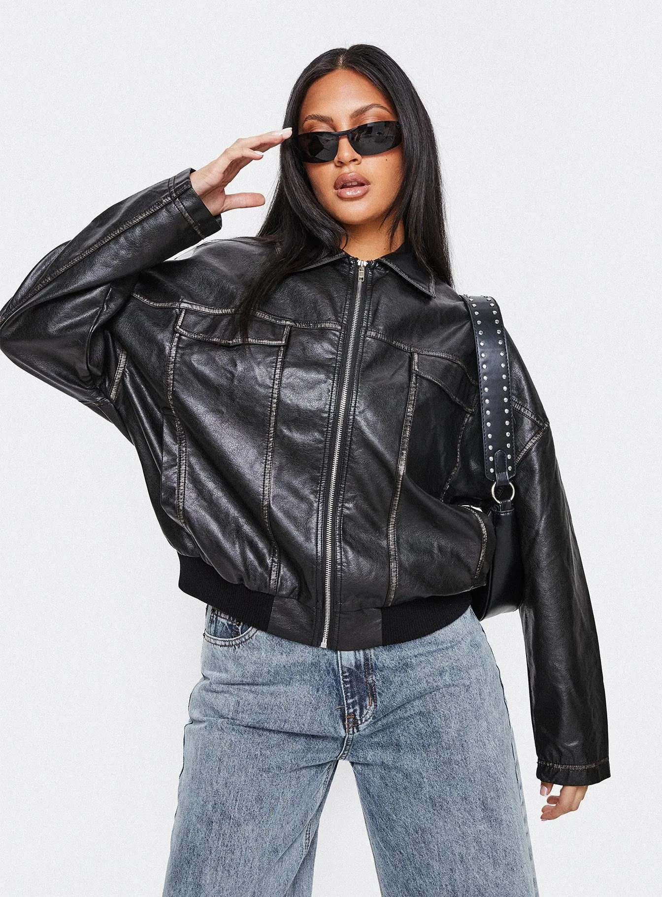 Tanza Faux Leather Jacket Washed Black sold by Princess Polly product image thumbnail 2