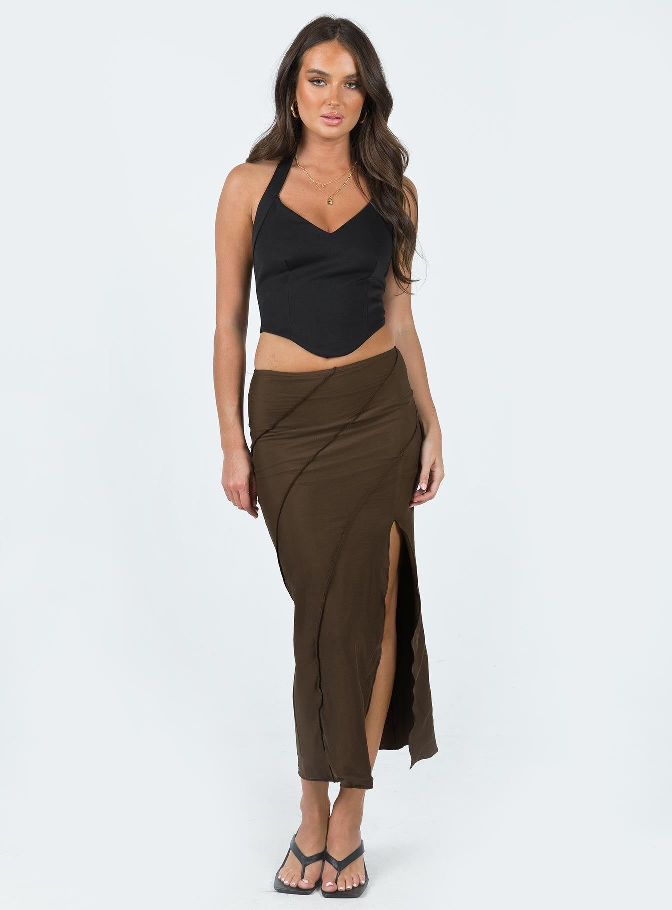 Erika Midi Skirt Brown sold by Princess Polly