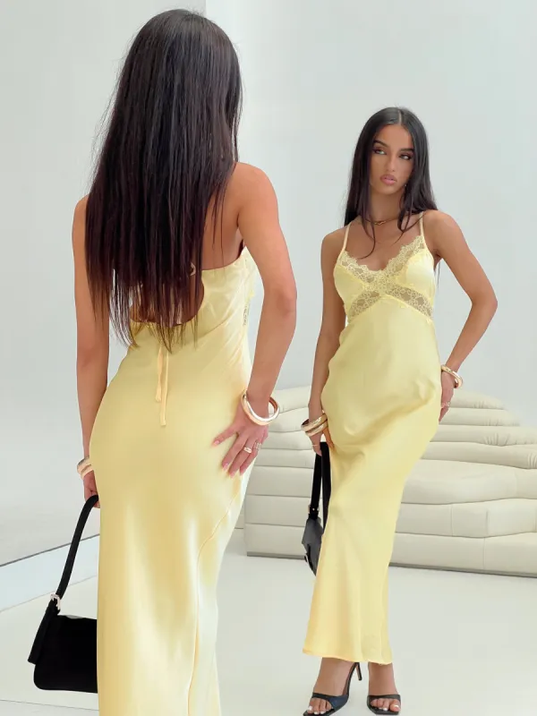 Treasure Bias Cut Maxi Dress Lemon sold by Princess Polly