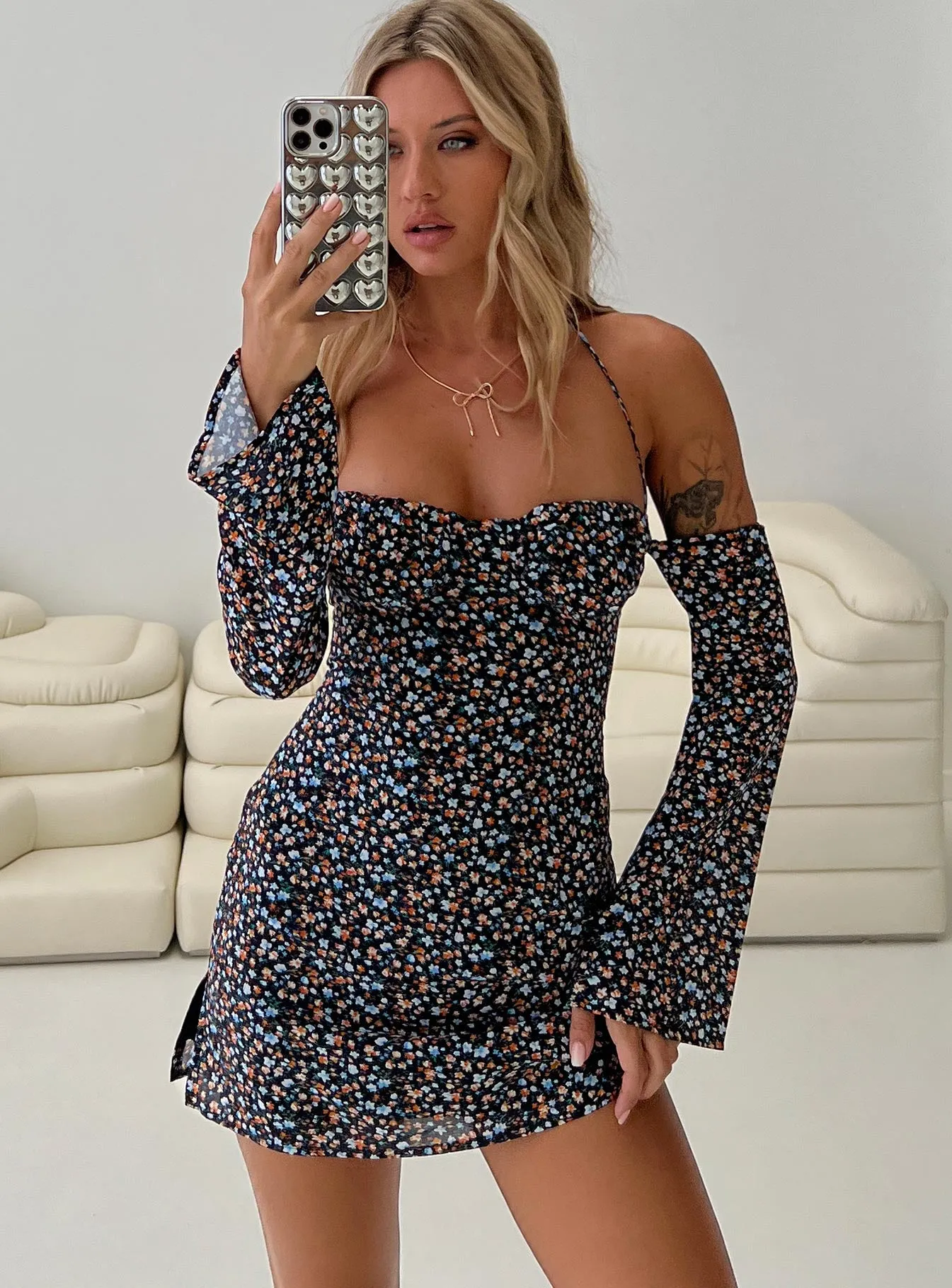 Acer Long Sleeve Mini Dress Black / Floral sold by Princess Polly