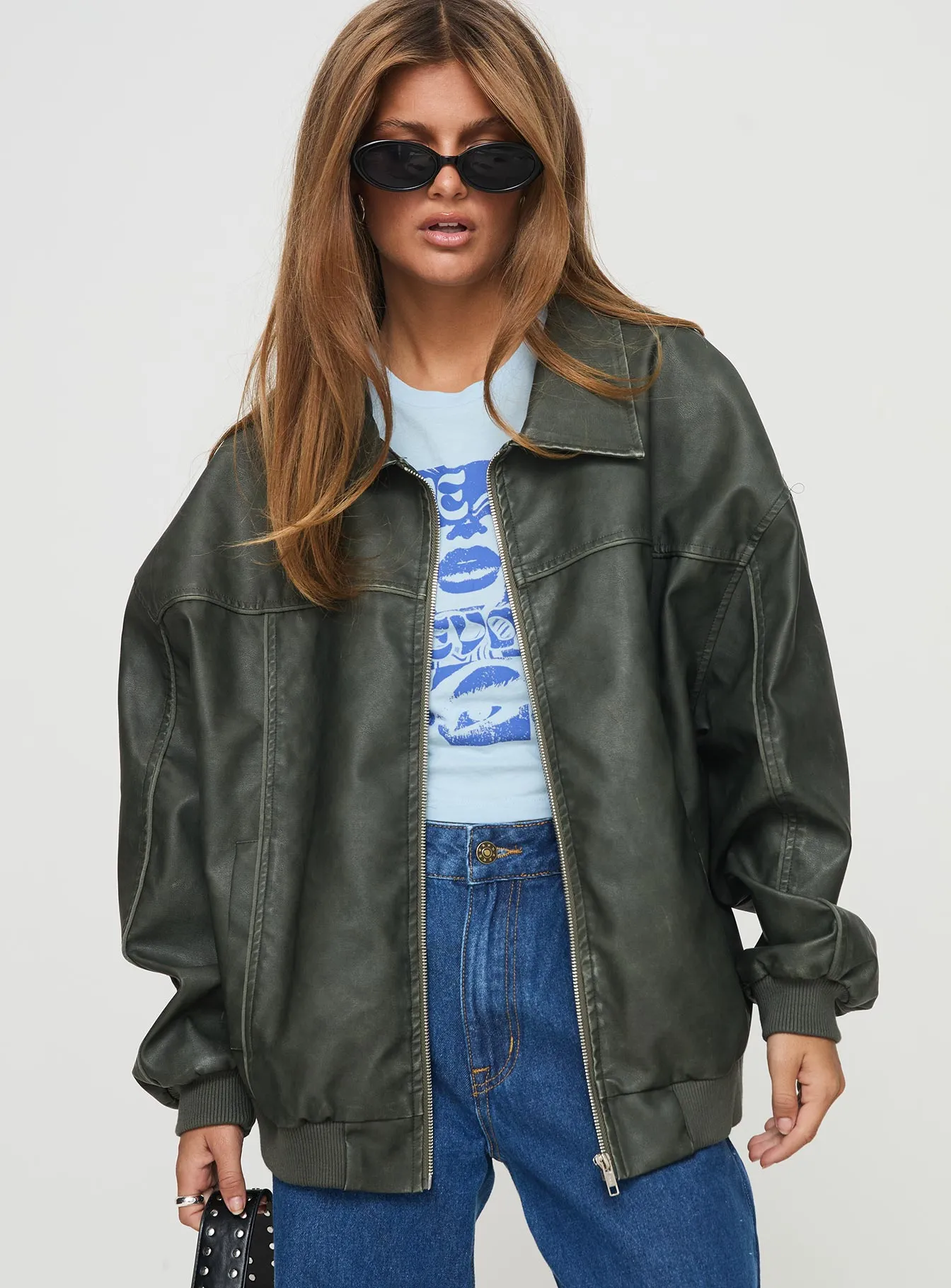 Goldsmith Faux Leather Bomber Jacket Washed Forest sold by Princess Polly product image thumbnail 3