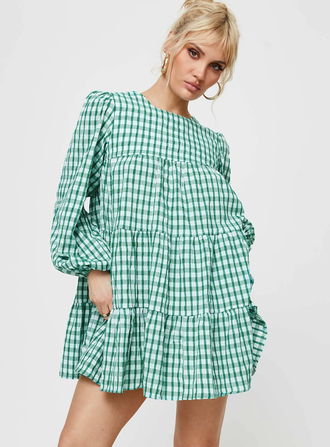 Miami Long Sleeve Mini Dress Green Check sold by Princess Polly product image thumbnail 2