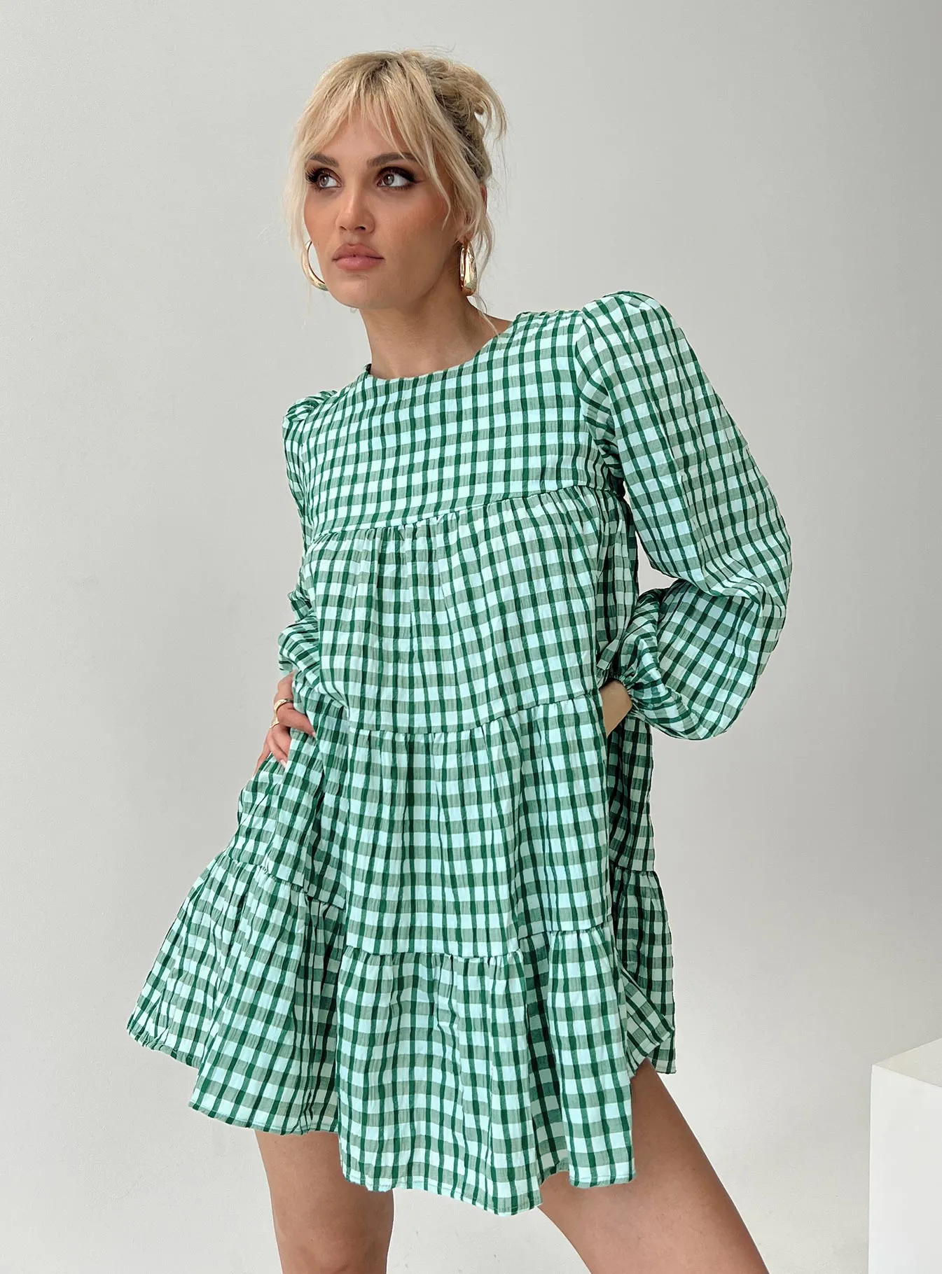 Miami Long Sleeve Mini Dress Green Check sold by Princess Polly