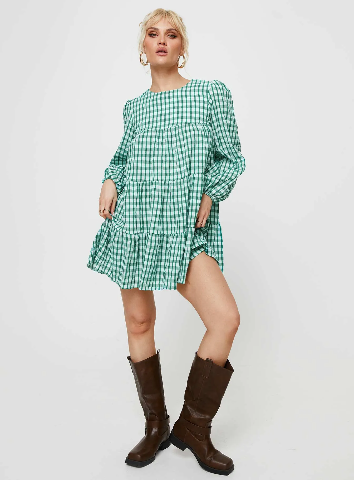 Miami Long Sleeve Mini Dress Green Check sold by Princess Polly product image thumbnail 3