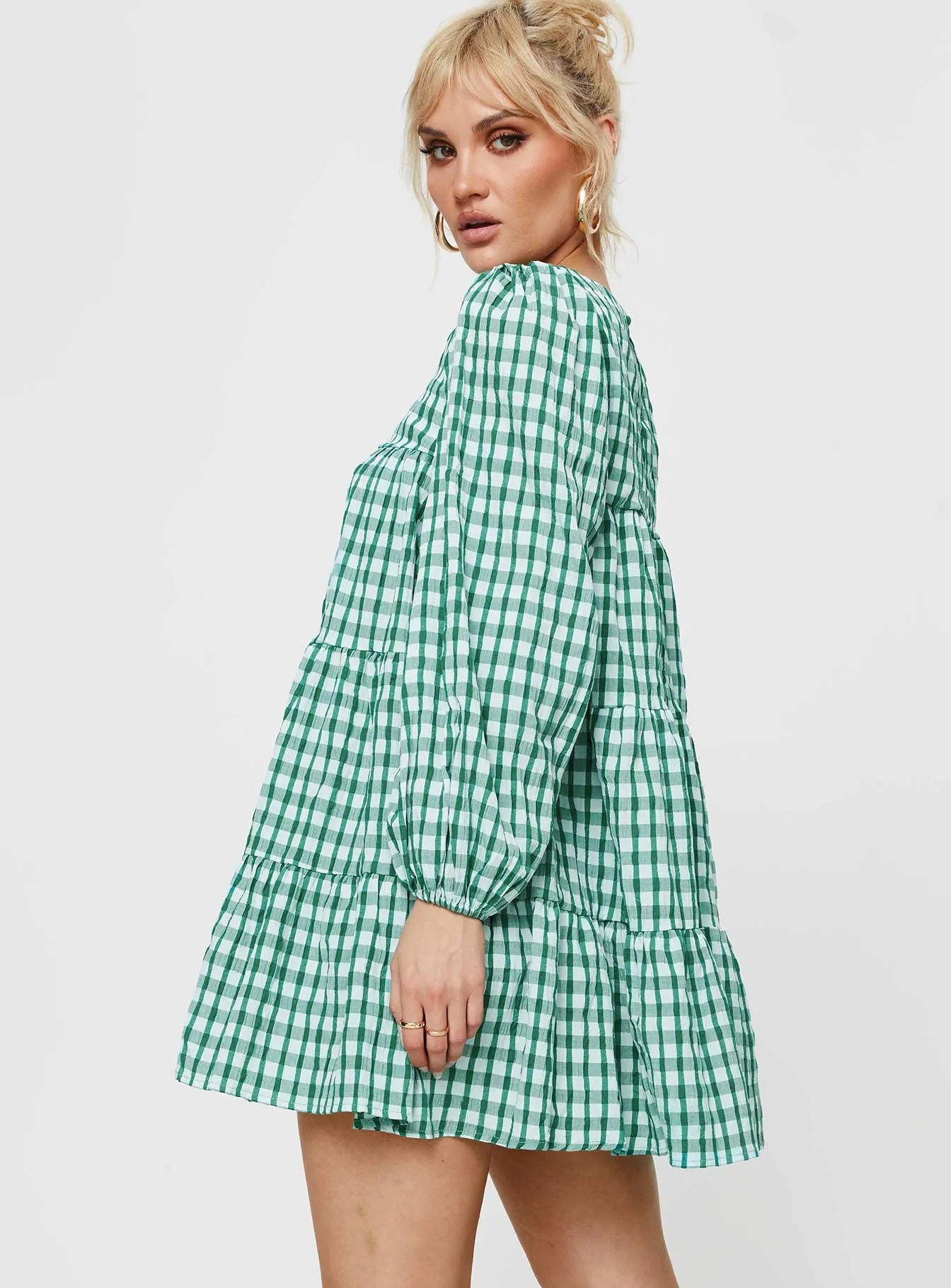 Miami Long Sleeve Mini Dress Green Check sold by Princess Polly product image thumbnail 4