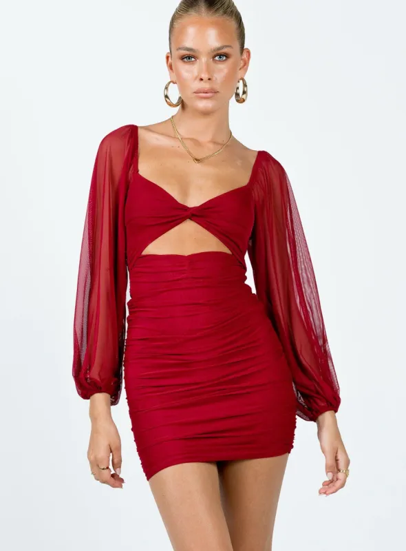 Merley Long Sleeve Mini Dress Burgundy sold by Princess Polly