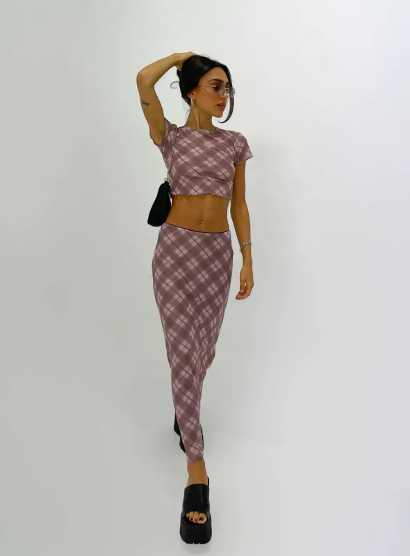 Motel Lassie Midi Skirt Pink Blurred Check sold by Princess Polly