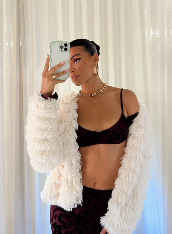 Lesser Faux Fur Jacket Cream sold by Princess Polly