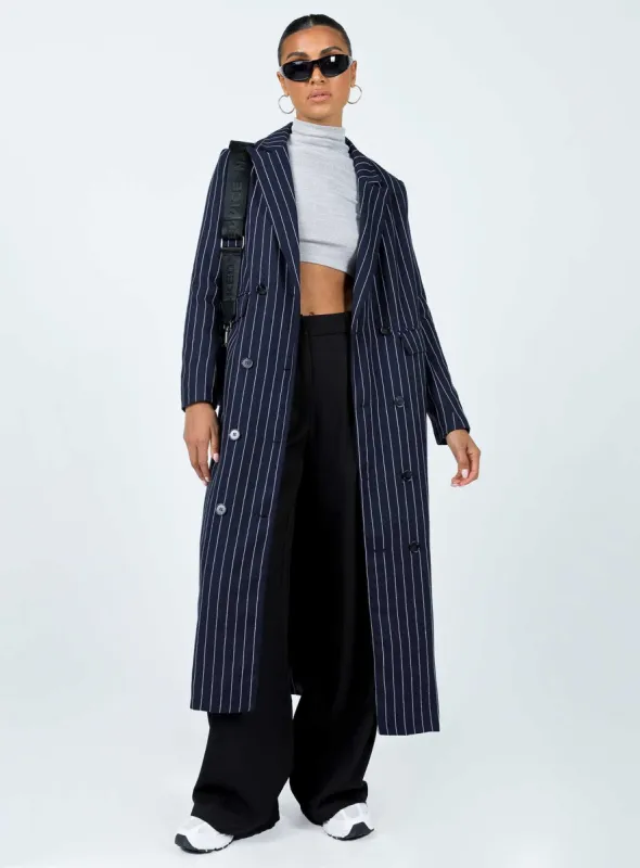 Alkiria Trench Coat Navy Pinstripe sold by Princess Polly