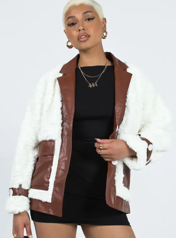 Tudor PU Faux Fur Jacket White / Brown sold by Princess Polly