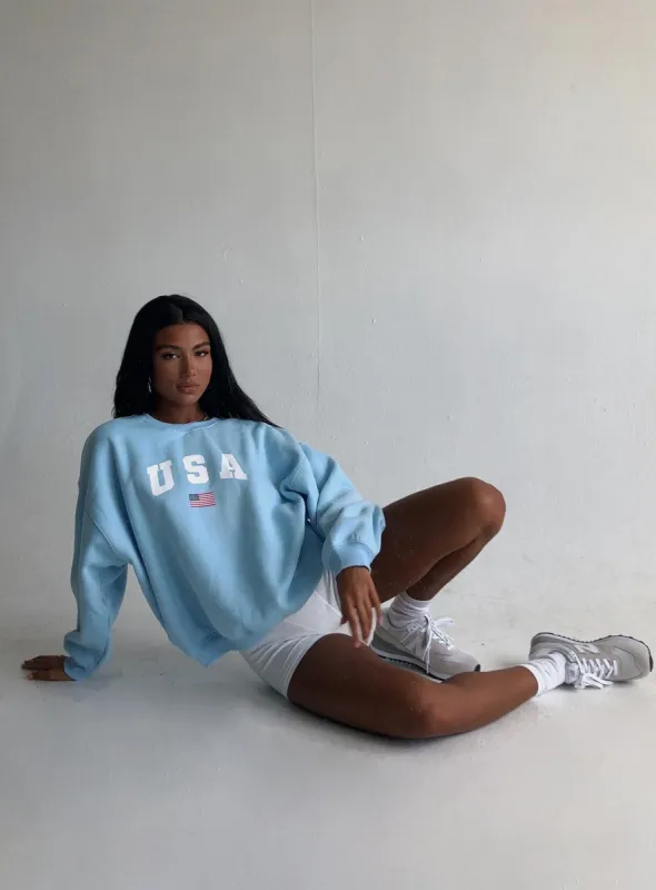 USA Oversized Crewneck Sweatshirt Blue sold by Princess Polly