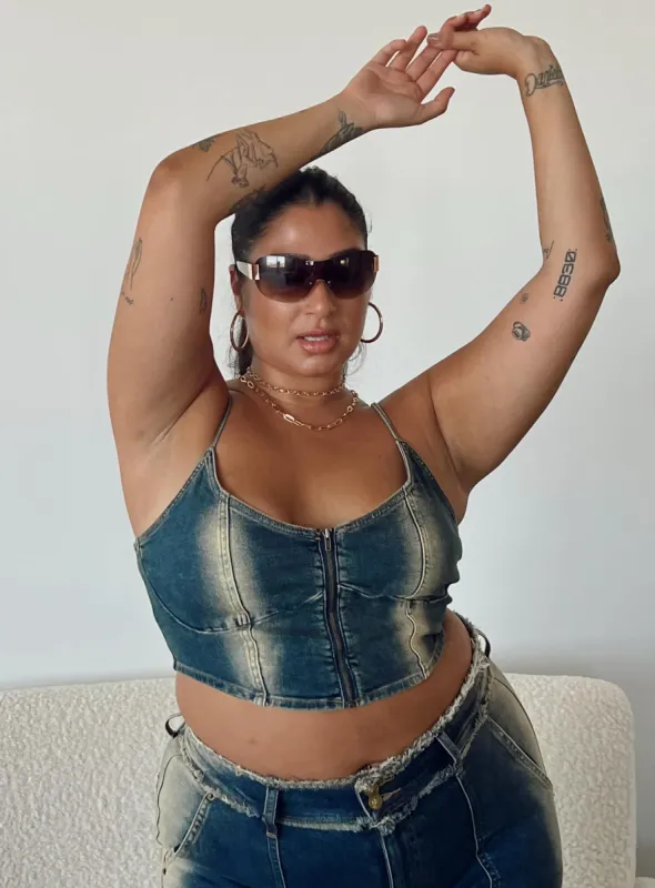 Pre Show Denim Corset Mid Blue Curve sold by Princess Polly