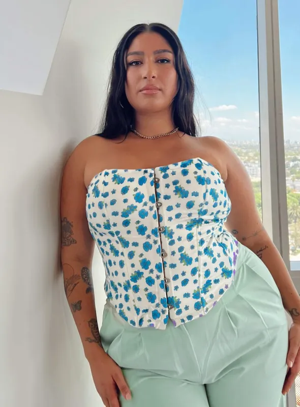 In The Moment Strapless Top White / Blue Curve sold by Princess Polly