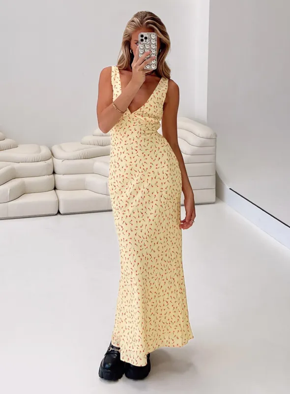 Nellie Maxi Dress Yellow / Red Floral sold by Princess Polly