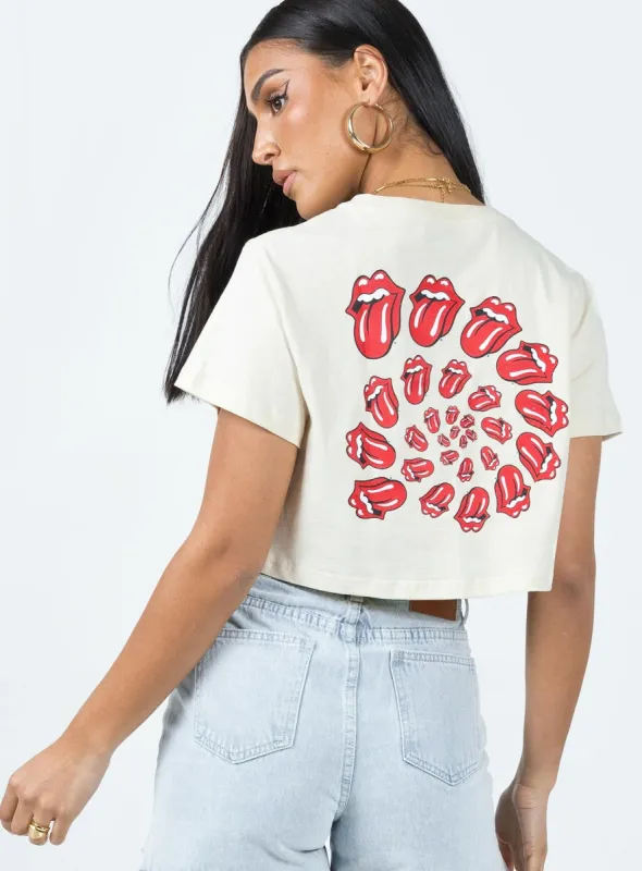 Rolling Stones Many Tongues Crop Tee Beige sold by Princess Polly