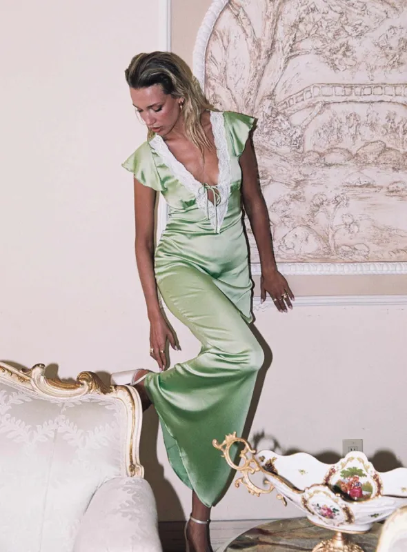 Armas Lace Trim Maxi Dress Green sold by Princess Polly