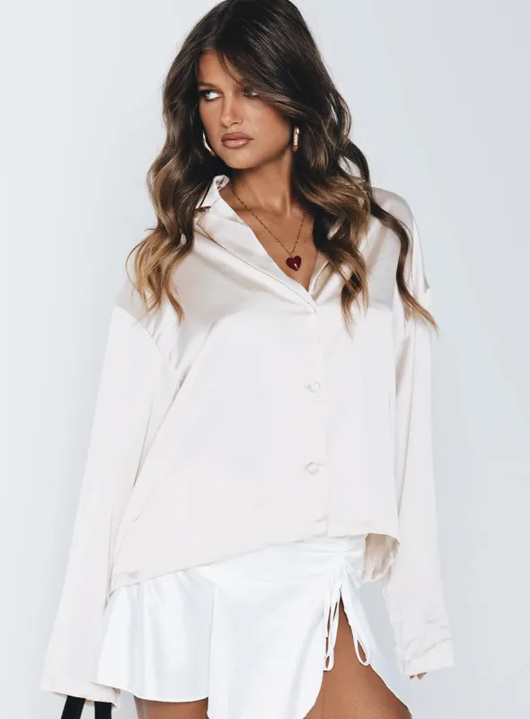 Sintra Satin Long Sleeve Shirt Champagne sold by Princess Polly