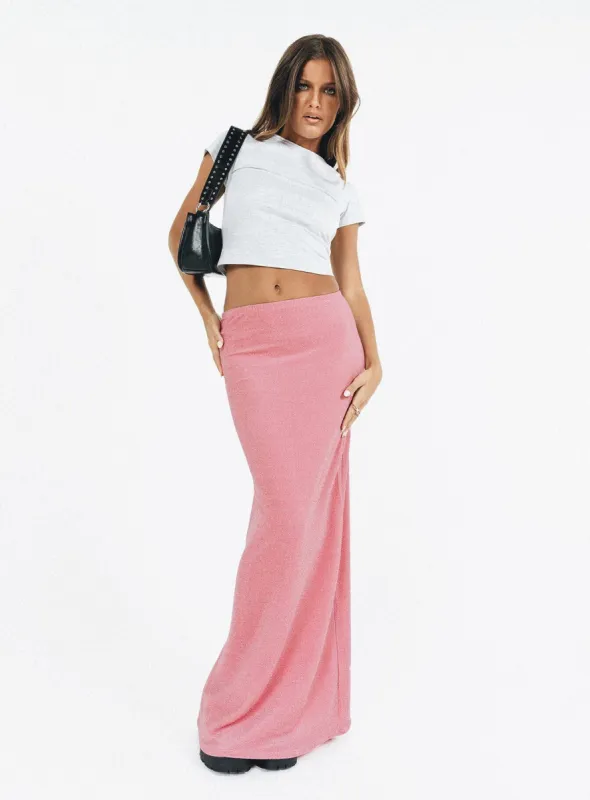 Harriette Maxi Skirt Pink Lurex sold by Princess Polly