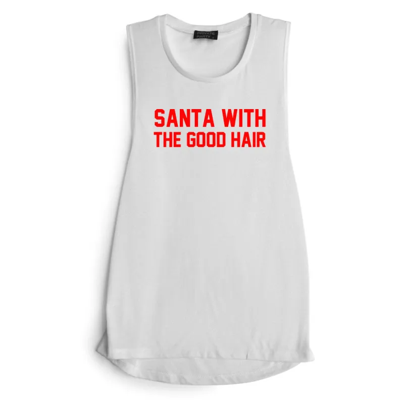 SANTA WITH THE GOOD HAIR [ RED TEXT // MUSCLE TANK] sold by PRIVATE PARTY