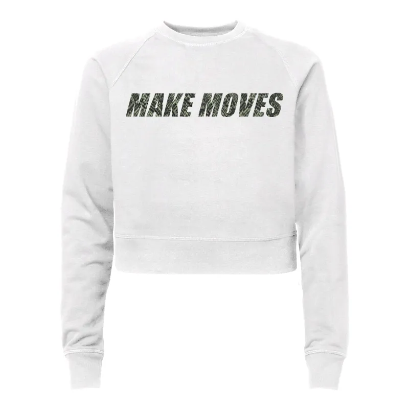 MAKE MOVES W/ SNAKESKIN TEXT [WOMEN'S RAGLAN CROP CREWNECK SWEATSHIRT] made by PRIVATE PARTY