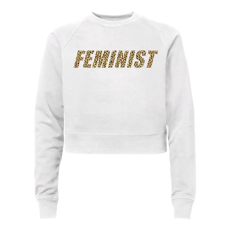 FEMINIST W/ CHEETAH TEXT [WOMEN'S RAGLAN CROP CREWNECK SWEATSHIRT] sold by PRIVATE PARTY