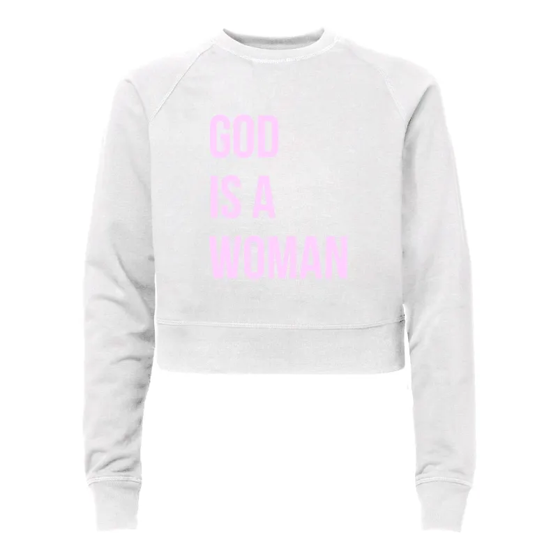 GOD IS A WOMAN [WOMEN'S RAGLAN CROP CREWNECK SWEATSHIRT] made by PRIVATE PARTY