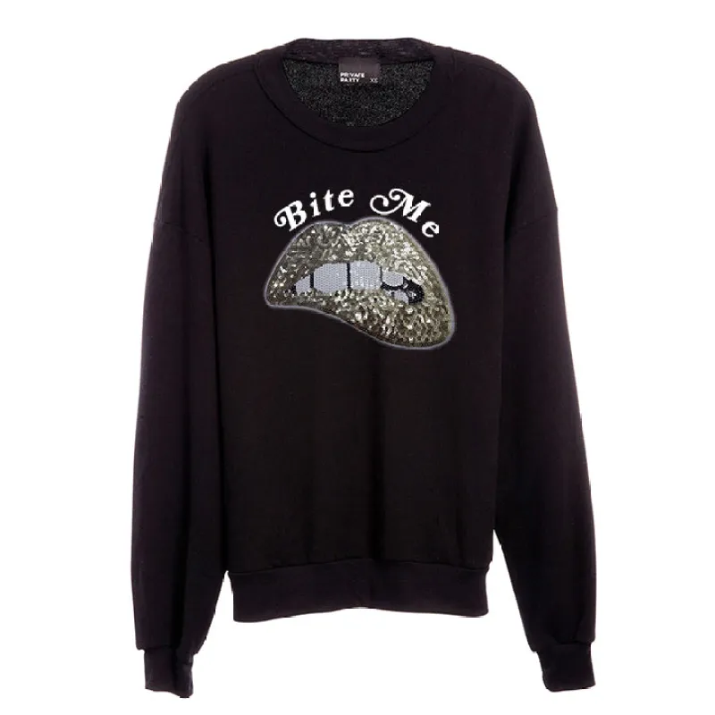 BITE ME [UNISEX CREWNECK SWEATSHIRT W/ GOLD LIP PATCH] sold by PRIVATE PARTY