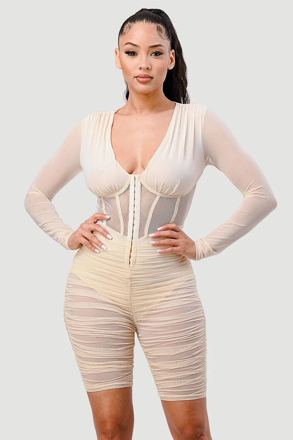 SEXY SHEER RIB DETAIL DEEP-V ROMPER sold by privy