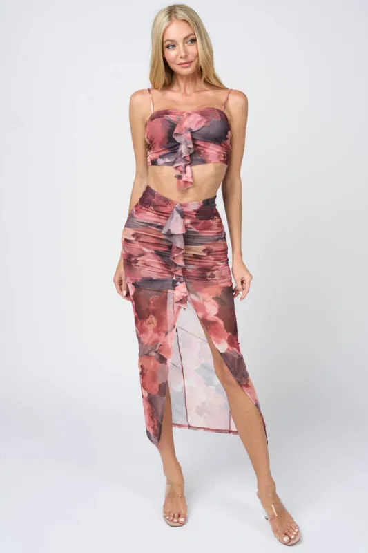ROMANTIC FLORAL PRINT MESH CROP TOP & SKIRT SETS sold by privy