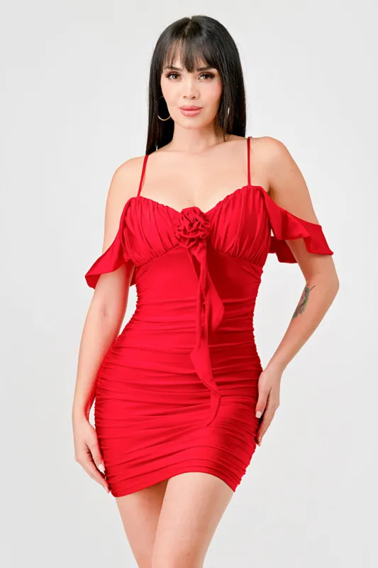 LUXE ROSE ROSETTE SWEETHEART RUCHED MINI DRESS sold by privy