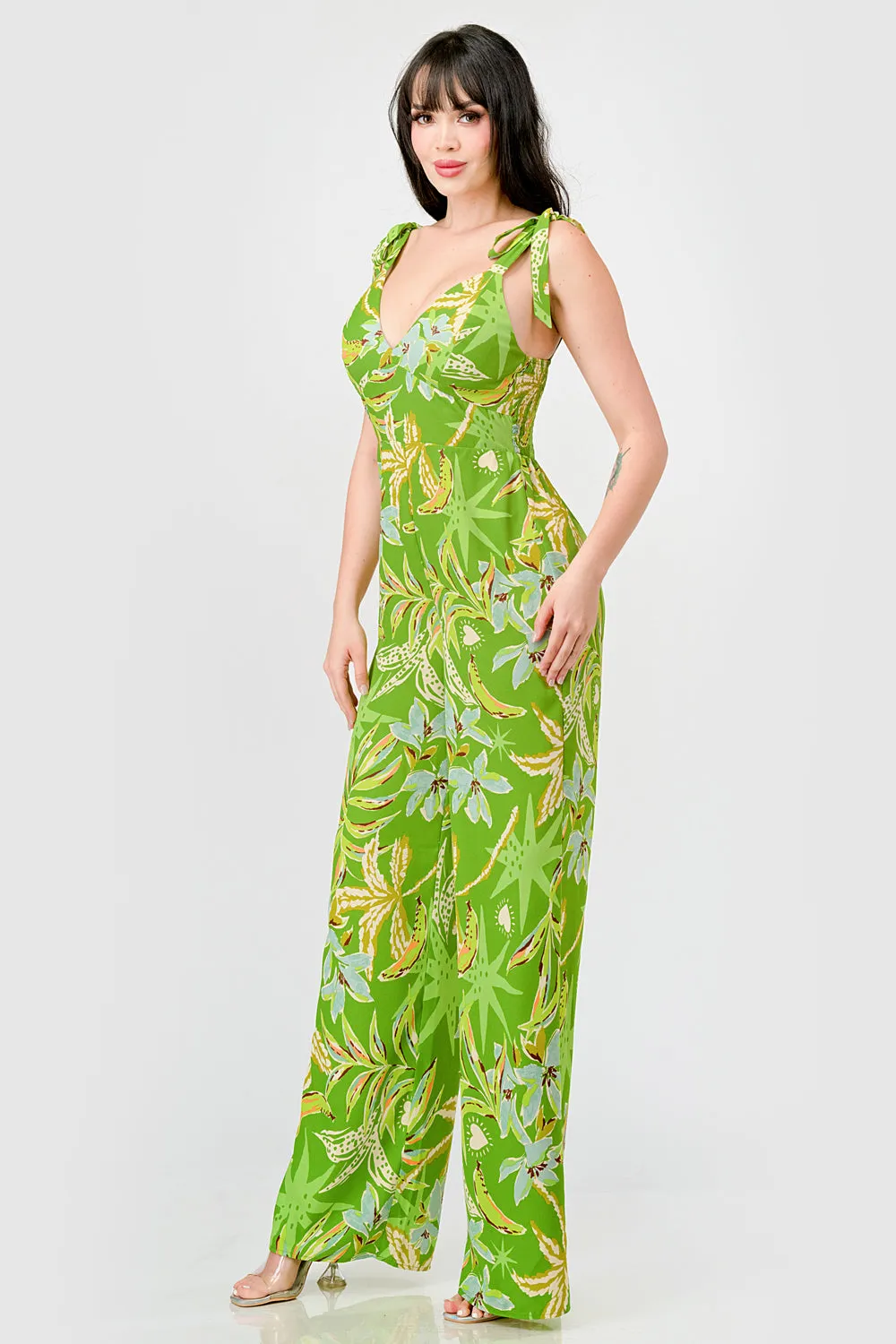 TROPICAL FLORAL SMOCKED BOW TIE STRAPS JUMPSUIT sold by privy product image thumbnail 2