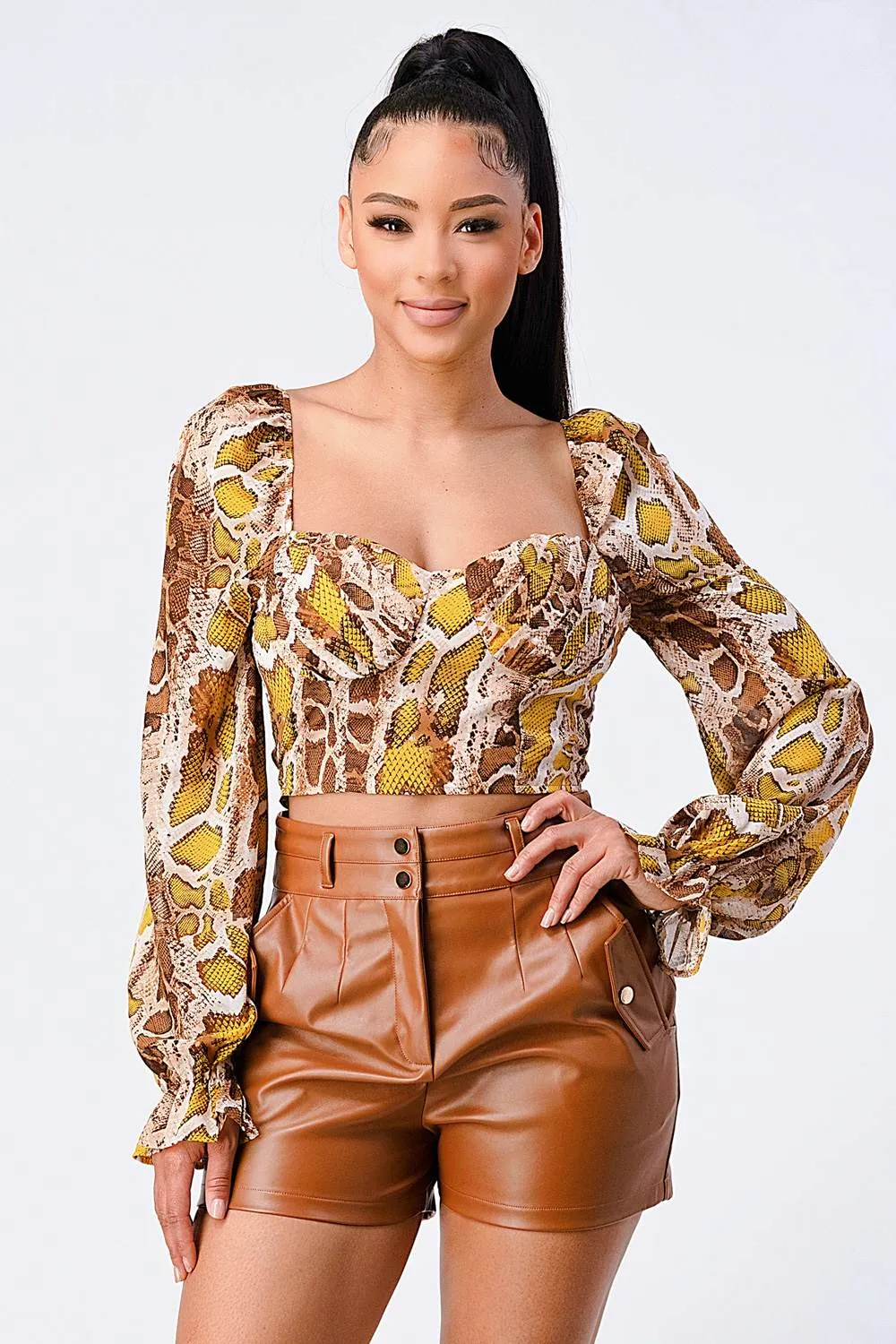 LUX SNAKE PRINT SMOCKED SWEETHEART TOP sold by privy