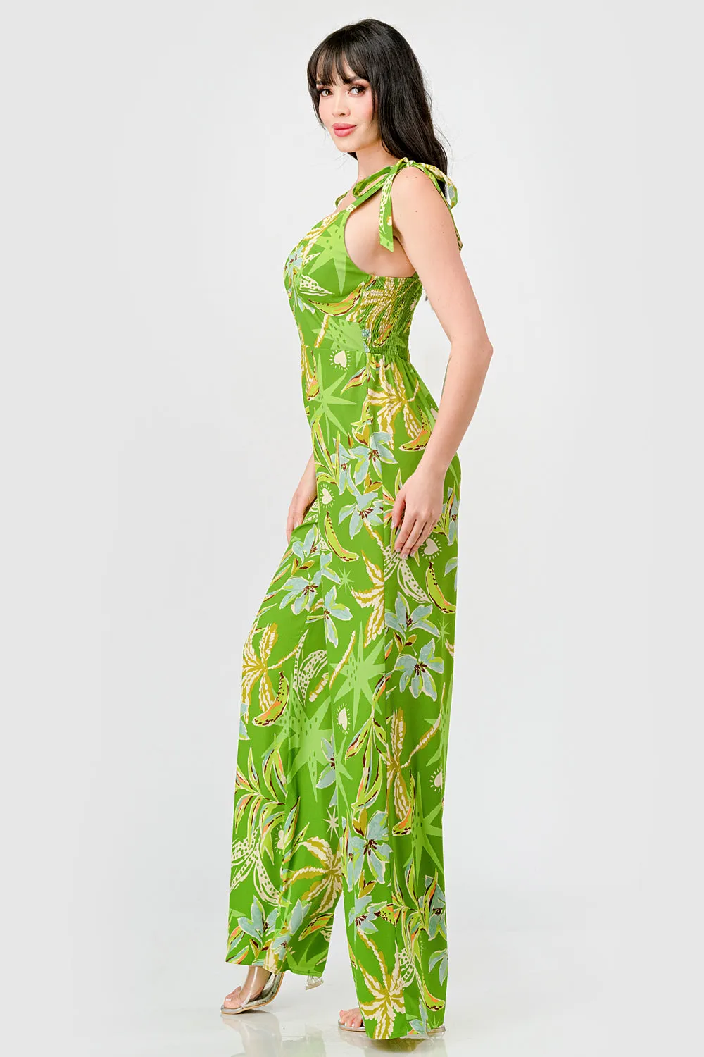 TROPICAL FLORAL SMOCKED BOW TIE STRAPS JUMPSUIT sold by privy product image thumbnail 3