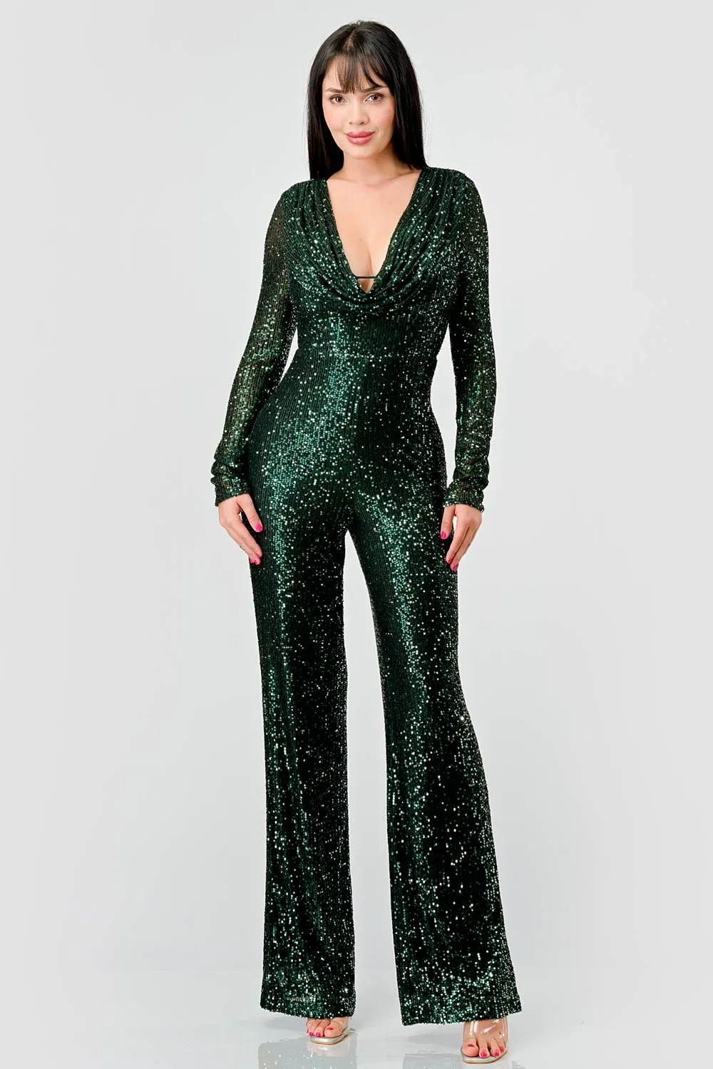 LUXE SEQUINS COWL NECK BODYCON WIDE LEGS JUMPSUIT sold by privy product image thumbnail 4