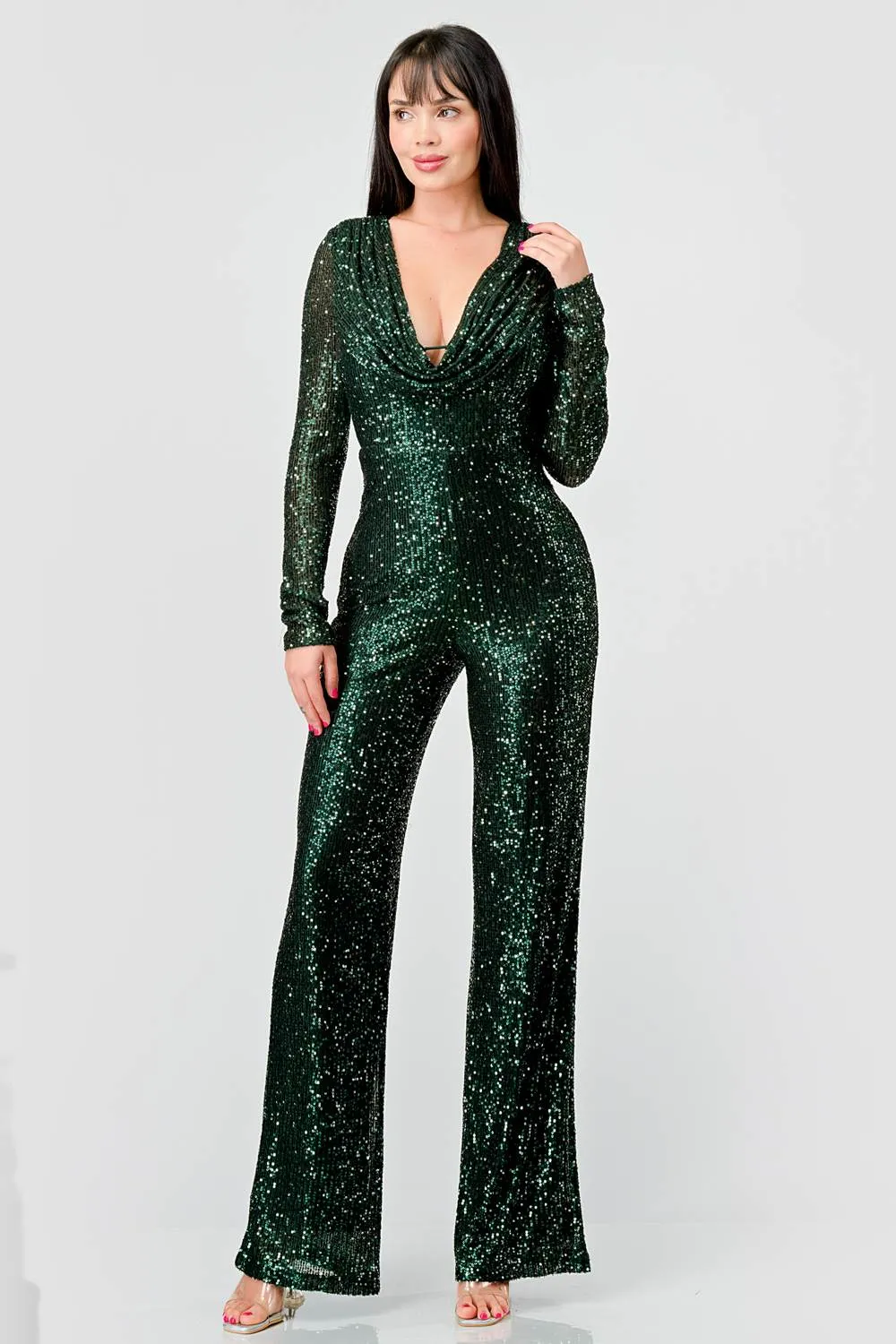 LUXE SEQUINS COWL NECK BODYCON WIDE LEGS JUMPSUIT sold by privy