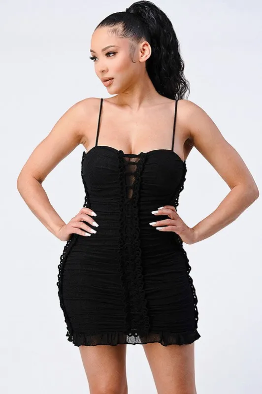 PD71296N-W / SEXY LACED MESH FRILLED HEM BODYCON DRESS sold by privy