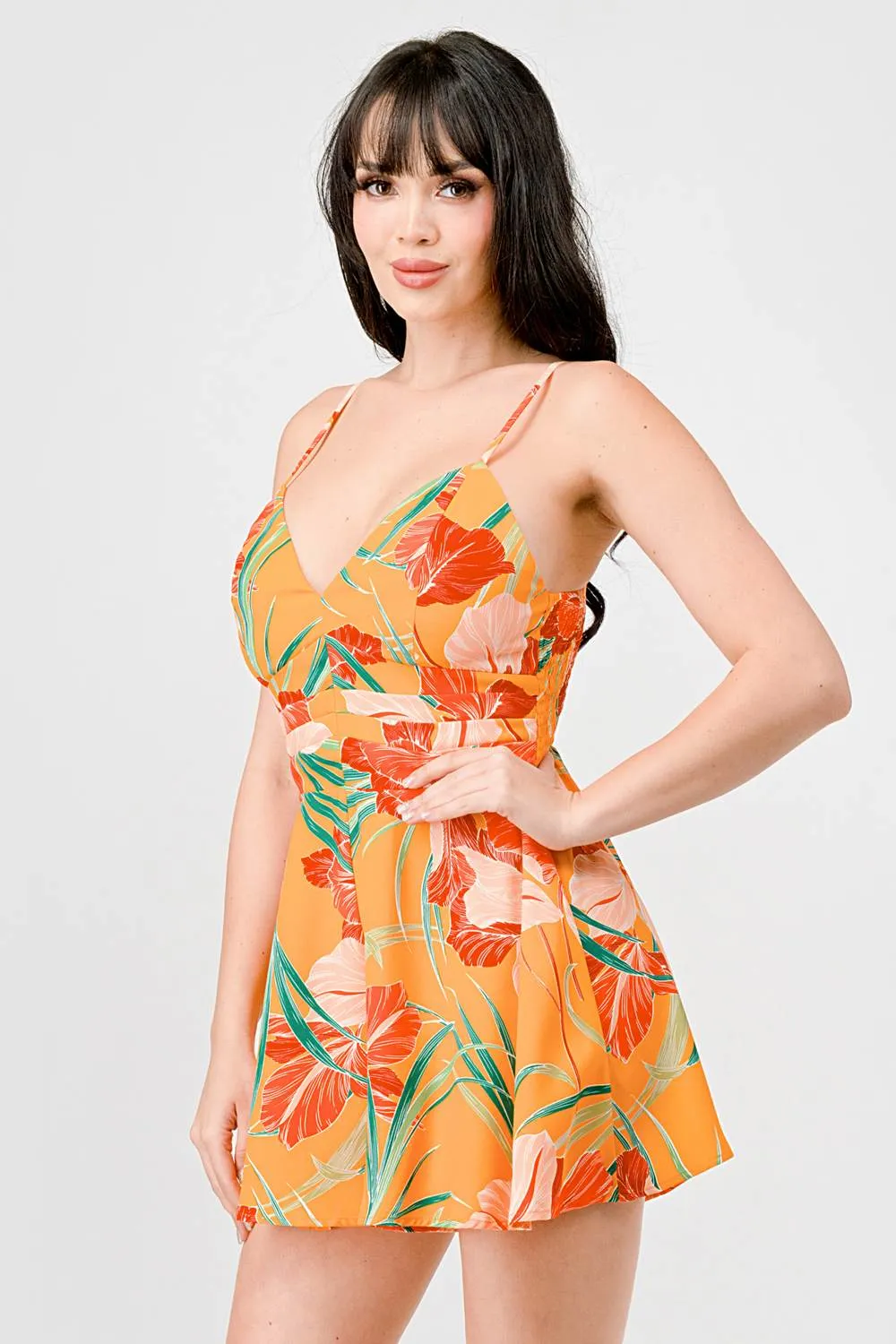 TROPICAL FLORAL SMOCKED SWEETHEART WIDE LEG ROMPER sold by privy